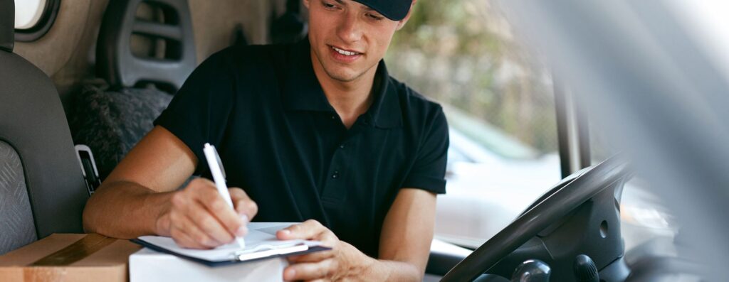 WHG Oxford Delivery driver signing for parcel